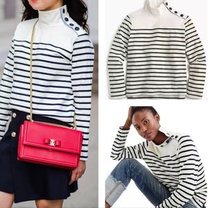 J. CREW STRIPED BUTTON-SHOULDER TURTLENECK SWEATER